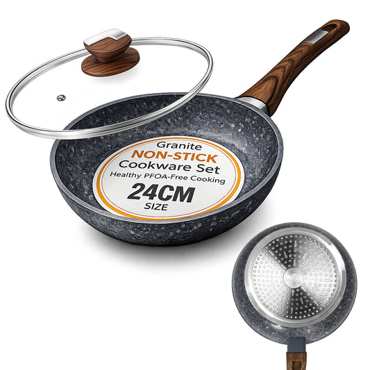 24cm Non-Stick Frying Pan with Lid | Granite Coating & Induction Safe – Houszy