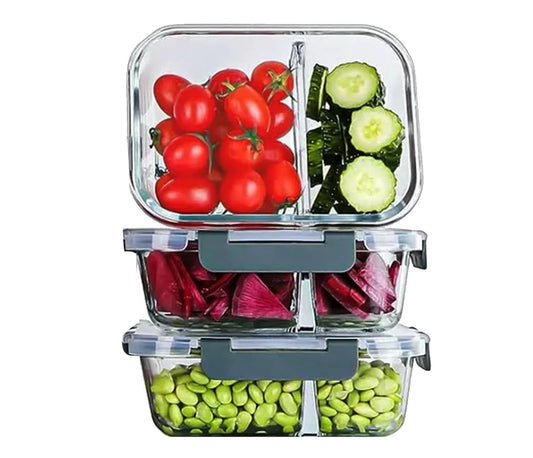 2-Compartment Glass Meal Prep Containers With Snap Lock Lids–Set Of 3-Houszy®