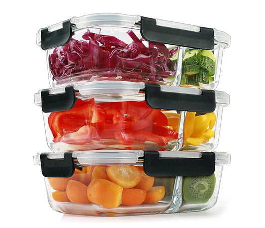 2-Compartment Glass Meal Prep Containers With Snap Lock Lids–Set Of 3-Houszy®