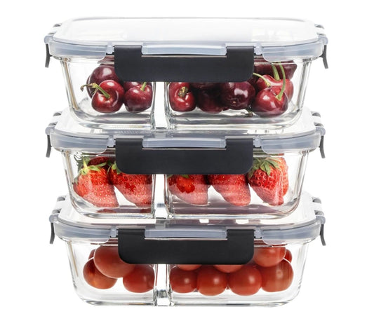 3-Compartment Glass Meal Prep Containers With Snap Lock Lids–Set Of 3-Houszy®