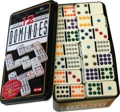 Dominoes Colour Double With Coloured Dots 12 in Metal Box 91 Pieces Game set