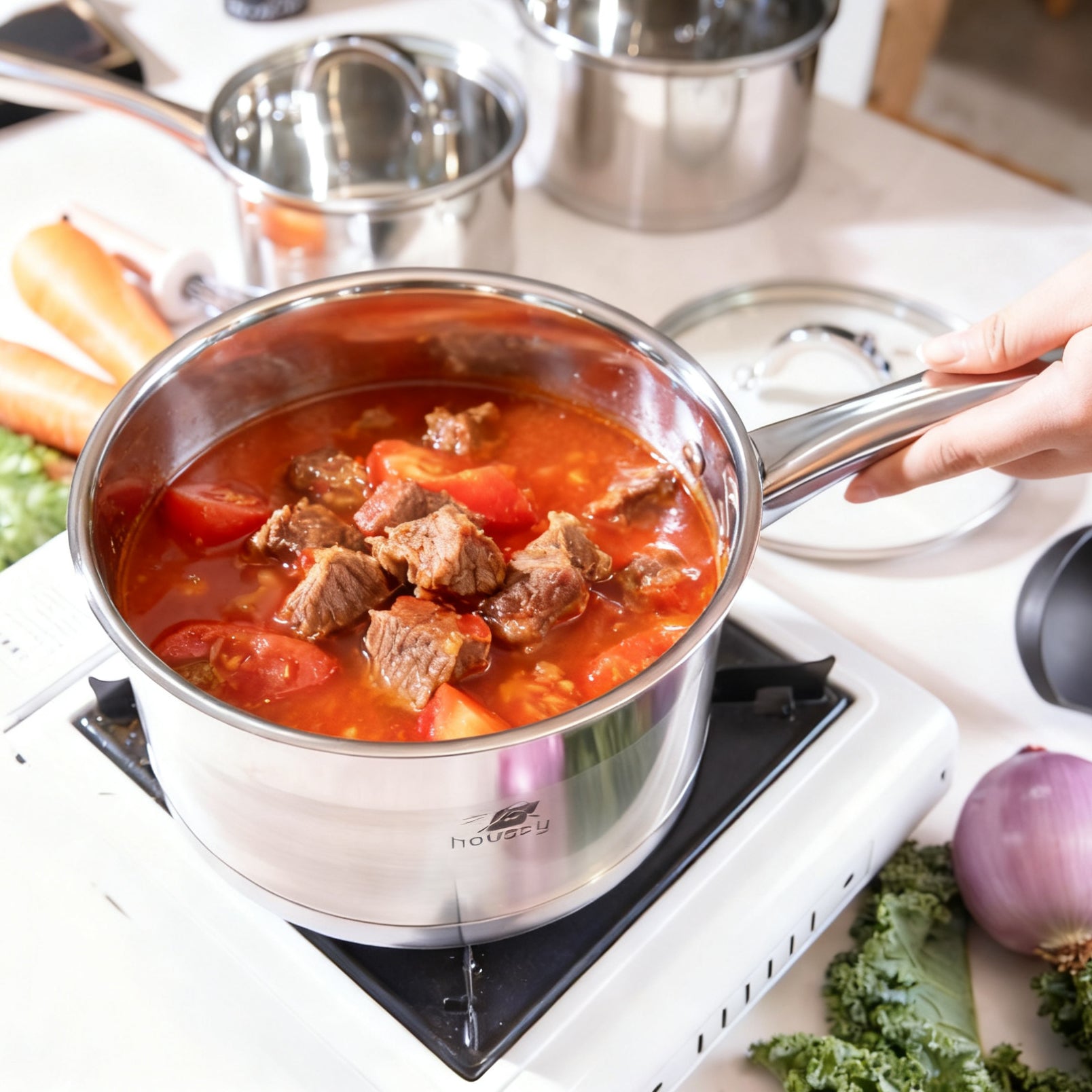 Stainless Steel Saucepan Set (16/18/20cm) with Glass Lids– Induction & All Hobs, Even‑Heat Base-6pc