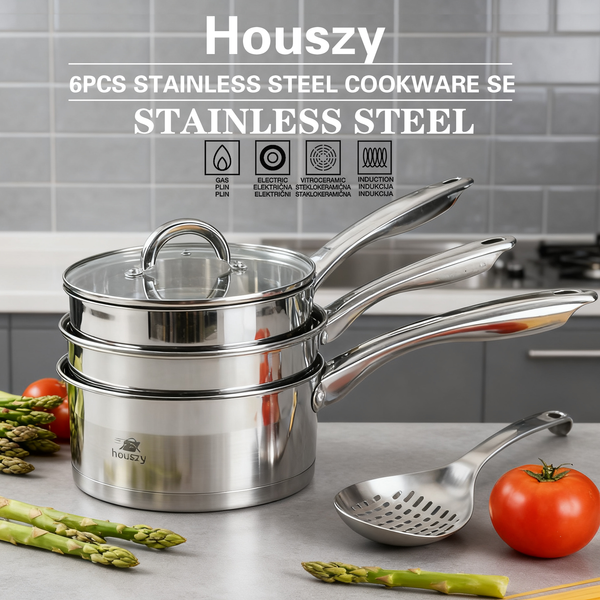 Stainless Steel Saucepan Set (16/18/20cm) with Glass Lids– Induction & All Hobs, Even‑Heat Base-6pc