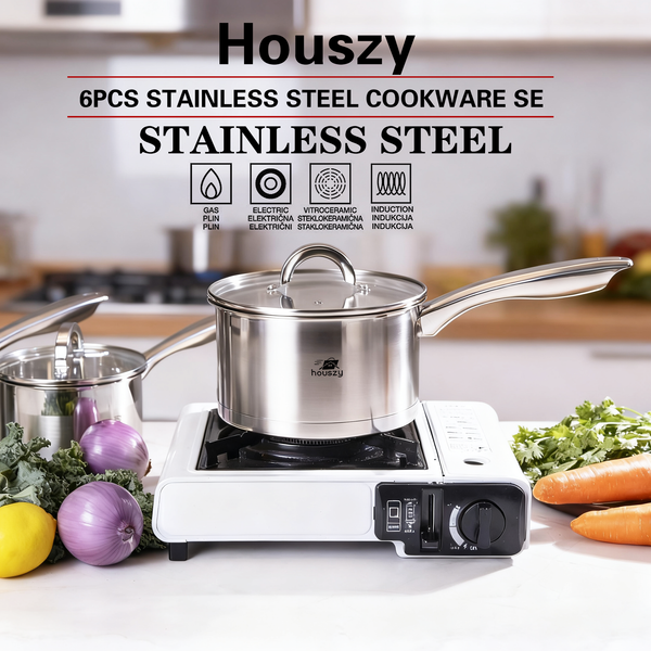 Stainless Steel Saucepan Set (16/18/20cm) with Glass Lids– Induction & All Hobs, Even‑Heat Base-6pc