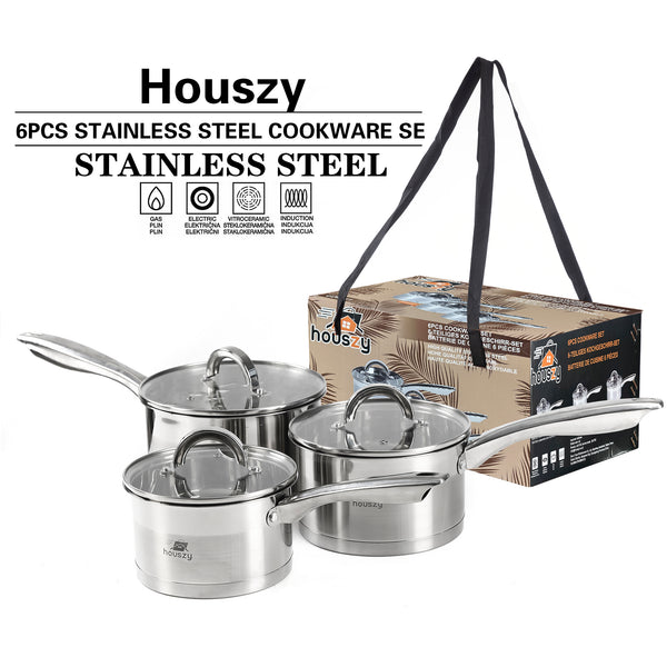 Stainless Steel Saucepan Set (16/18/20cm) with Glass Lids– Induction & All Hobs, Even‑Heat Base-6pc
