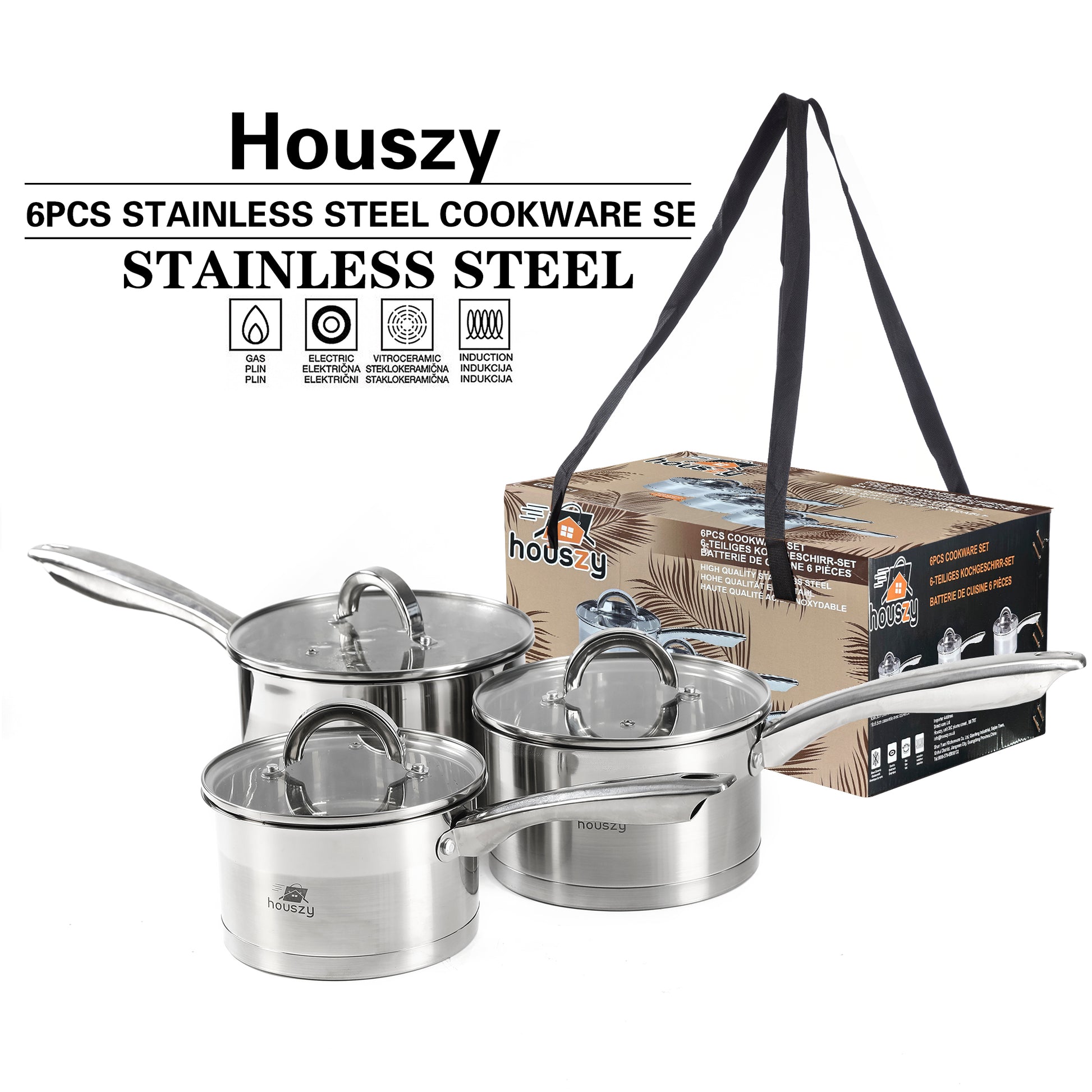 Stainless Steel Saucepan Set (16/18/20cm) with Glass Lids– Induction & All Hobs, Even‑Heat Base-6pc