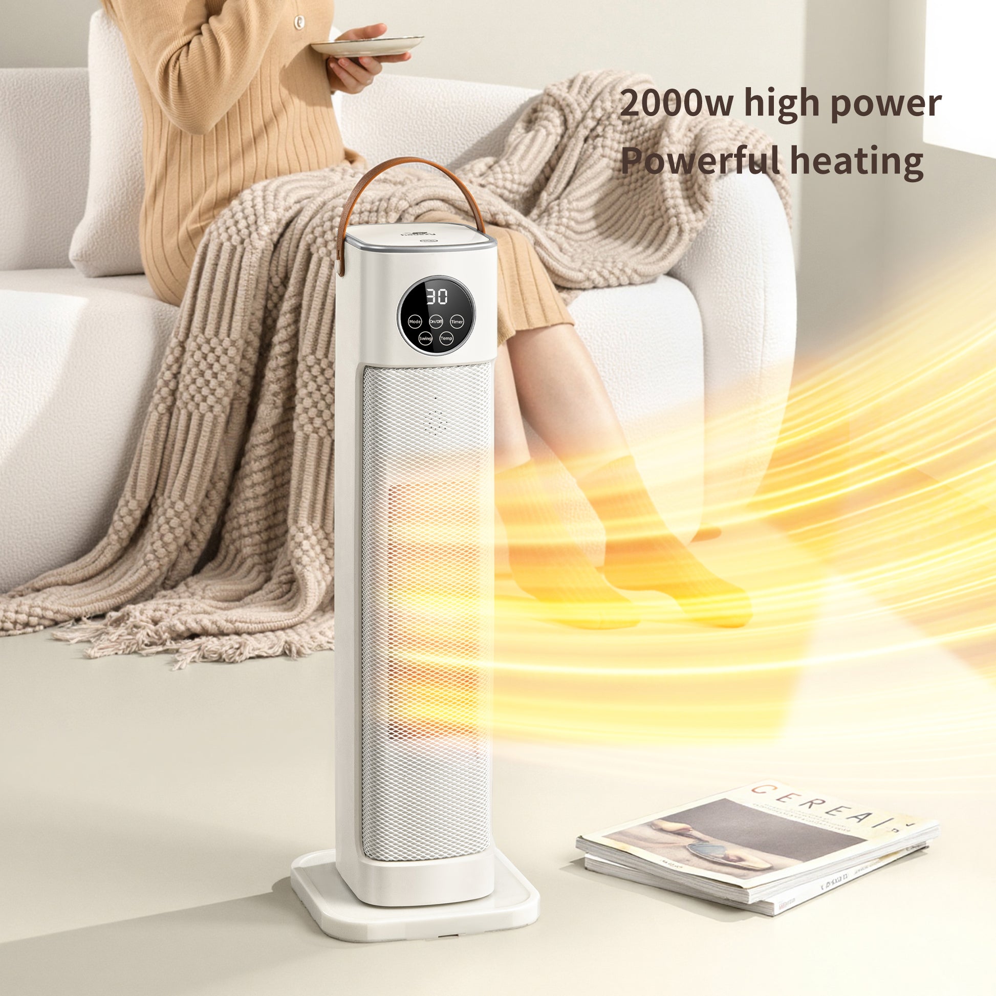 Houszy PTC Ceramic Tower Heater 2000W – Oscillating Fan Heater with Thermostat 16–35°C, 12-Hour Timer, Remote, Tip-Over & Overheat Protection, LED Display– BS Plug