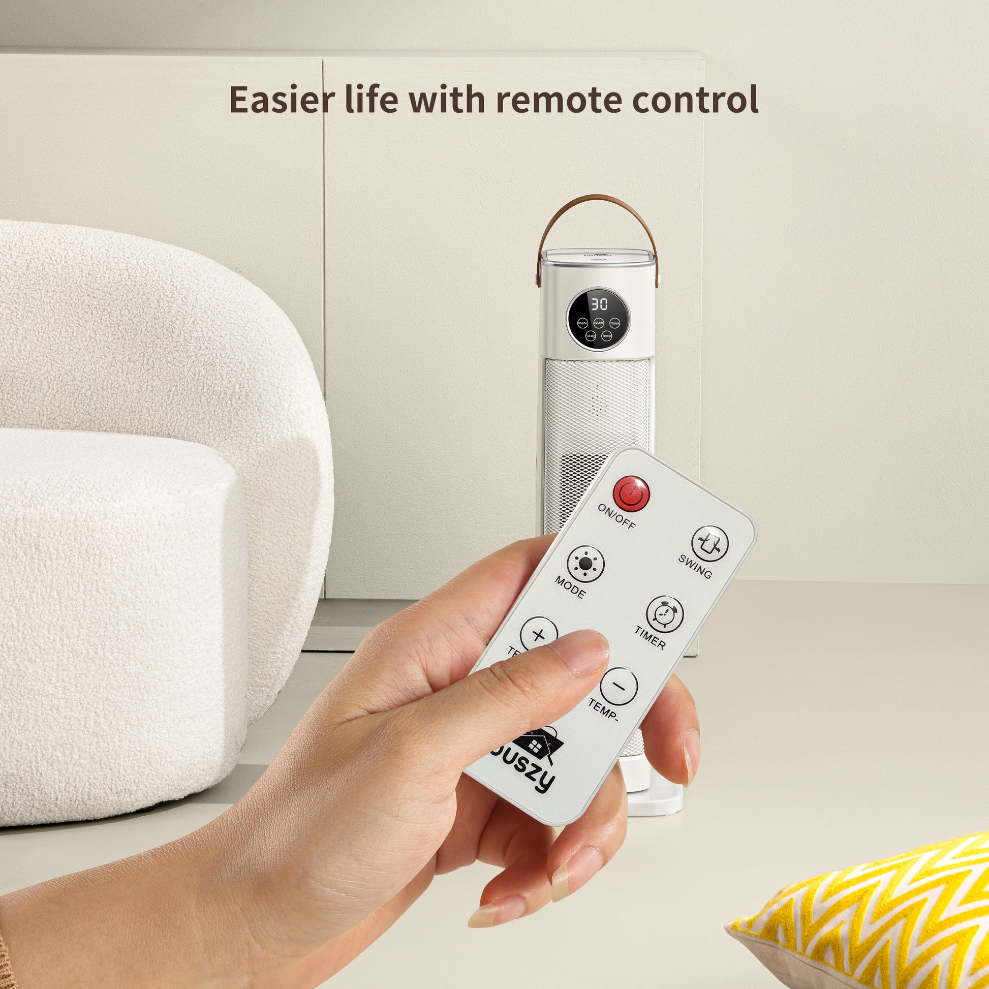 Houszy PTC Ceramic Tower Heater 2000W – Oscillating Fan Heater with Thermostat 16–35°C, 12-Hour Timer, Remote, Tip-Over & Overheat Protection, LED Display– BS Plug