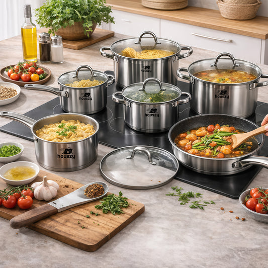 Stainless Steel Non-stick Cookware Set with Glass Lids - 12pcs