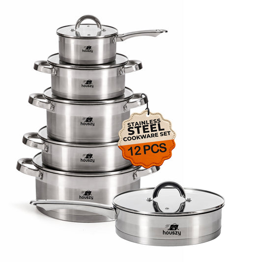 Stainless Steel Non-stick Cookware Set with Glass Lids - 12pcs