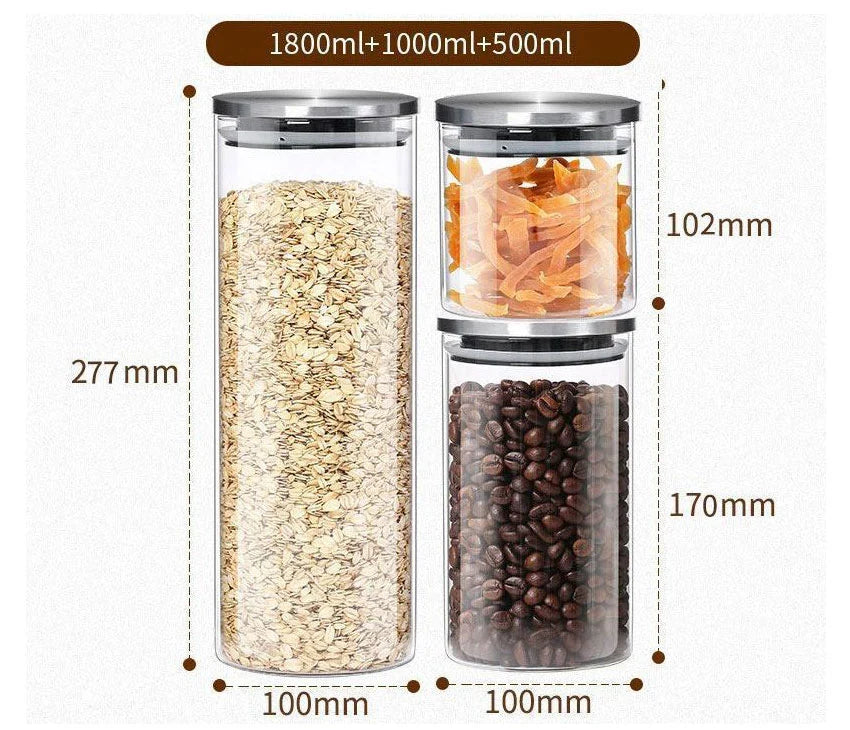 Borosilicate Glass Sealed Storage 3 Jar Set With Stainless Steel Lid Kitchen Storage Container Stackable Modular Cereal Container Jar (500Ml / 1000Ml / 1800Ml) Airtight Utensils Tin Canister