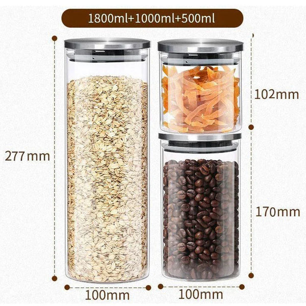 Borosilicate Glass Sealed Storage 3 Jar Set With Stainless Steel Lid Kitchen Storage Container Stackable Modular Cereal Container Jar (500Ml / 1000Ml / 1800Ml) Airtight Utensils Tin Canister