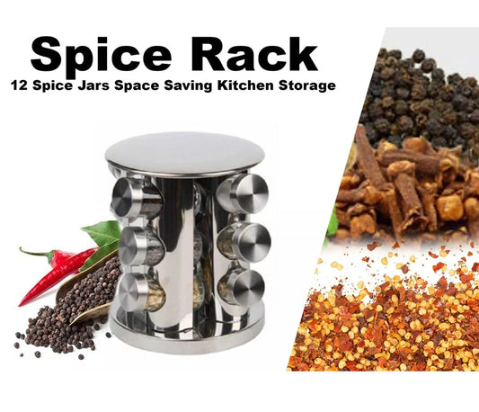 Stainless Steel 12pc Spice Jars Rack | Revolving Spice Tower | Round Spice Rack