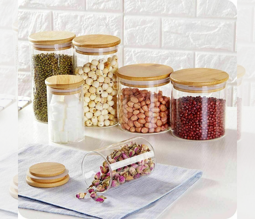 Glass Storage Jar with Airtight  Bamboo Lids,  Ideal for Candy, Spice, Coffee Beans