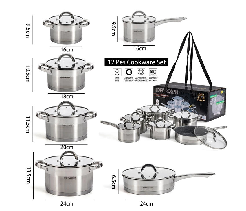 12PC Cookware Set - Saucepan Frying Pan Casserole Stainless Steel Cookware Non Stick Kitchenware Glass Lids Strong Quality Long Lasting & Durable (12 Piece Cookware Set)