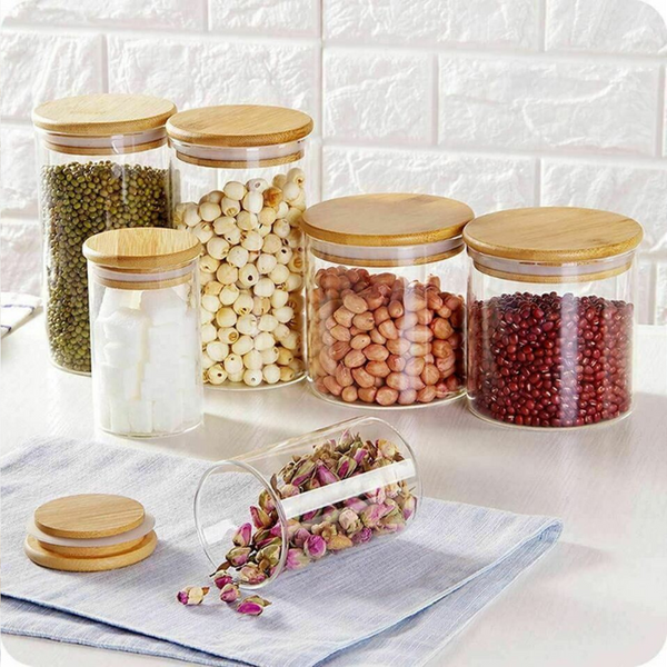 Glass Storage Jar with Airtight  Bamboo Lids,  Ideal for Candy, Spice, Coffee Beans