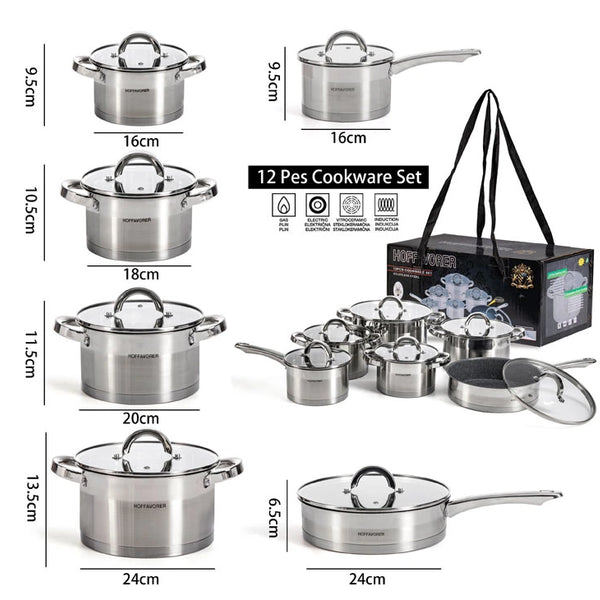 12PC Cookware Set - Saucepan Frying Pan Casserole Stainless Steel Cookware Non Stick Kitchenware Glass Lids Strong Quality Long Lasting & Durable (12 Piece Cookware Set)