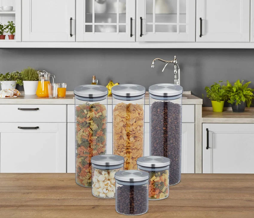 Borosilicate Glass Sealed Storage 3 Jar Set With Stainless Steel Lid Kitchen Storage Container Stackable Modular Cereal Container Jar (500Ml / 1000Ml / 1800Ml) Airtight Utensils Tin Canister