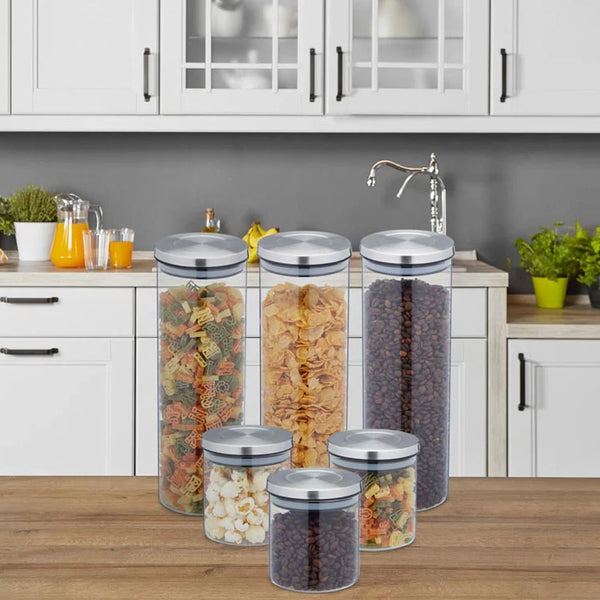 Borosilicate Glass Sealed Storage 3 Jar Set With Stainless Steel Lid Kitchen Storage Container Stackable Modular Cereal Container Jar (500Ml / 1000Ml / 1800Ml) Airtight Utensils Tin Canister