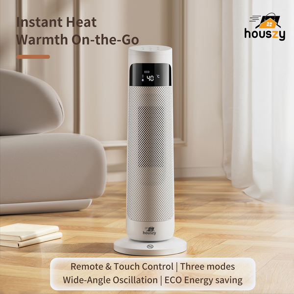 Houszy PTC Ceramic Tower Heater 2000W, Oscillating Electric Fan Heater with Thermostat 15–40°C, 24‑Hour Timer, Remote, Tip‑Over and Overheat Protection, Touch LED Display, UK BS Plug