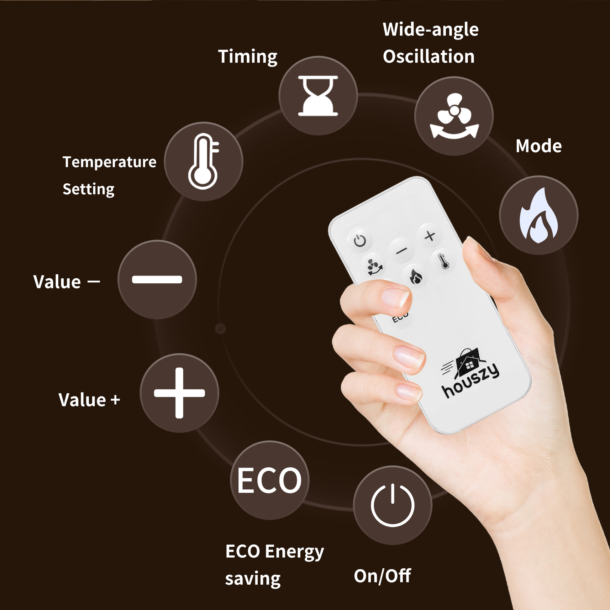 Houszy PTC Ceramic Tower Heater 2000W, Oscillating Electric Fan Heater with Thermostat 15–40°C, 24‑Hour Timer, Remote, Tip‑Over and Overheat Protection, Touch LED Display, UK BS Plug