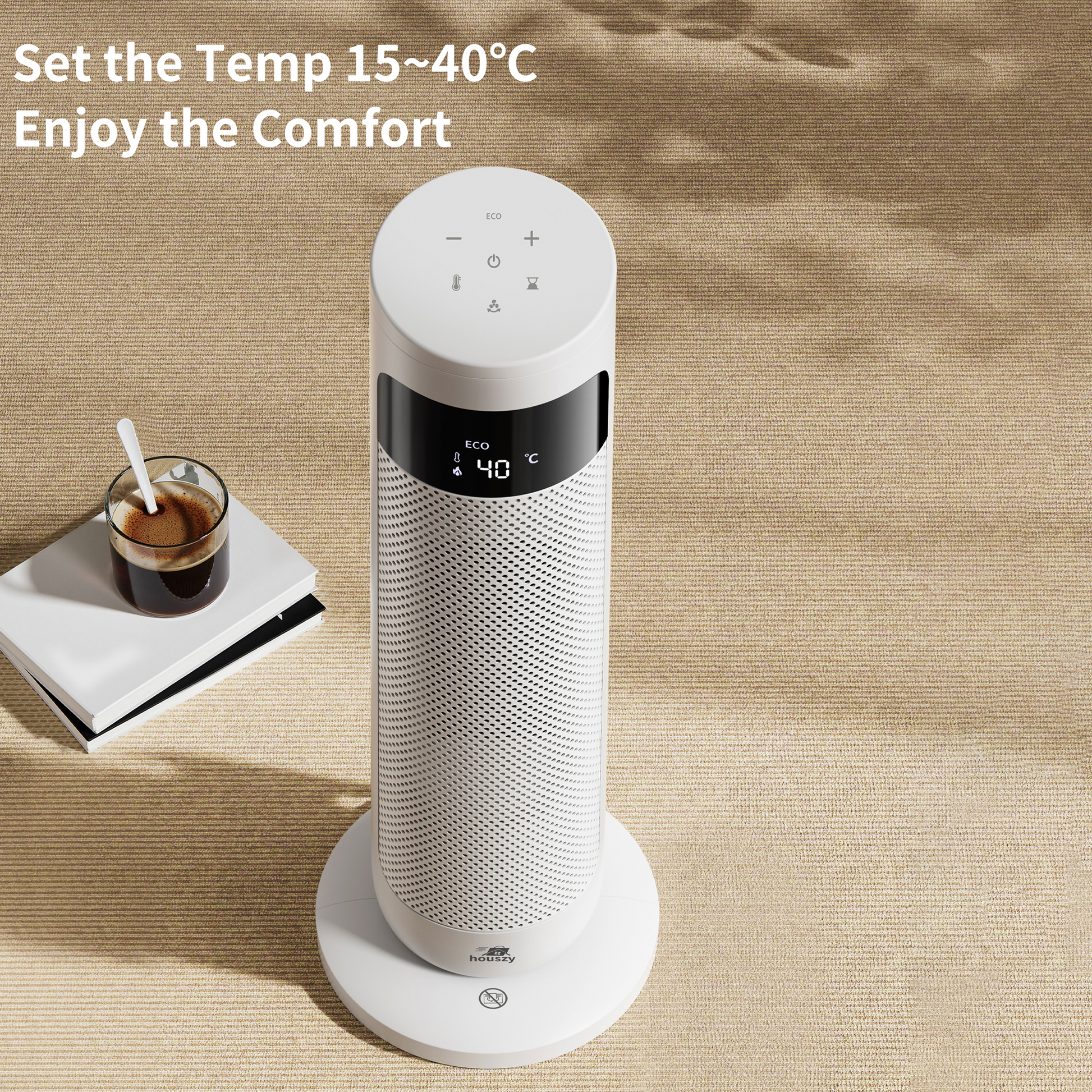 Houszy PTC Ceramic Tower Heater 2000W, Oscillating Electric Fan Heater with Thermostat 15–40°C, 24‑Hour Timer, Remote, Tip‑Over and Overheat Protection, Touch LED Display, UK BS Plug