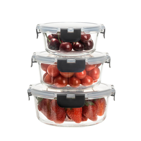 Round Glass Containers With Snap Lock Lids (Stackable) - Set Of 3 - Houszy®