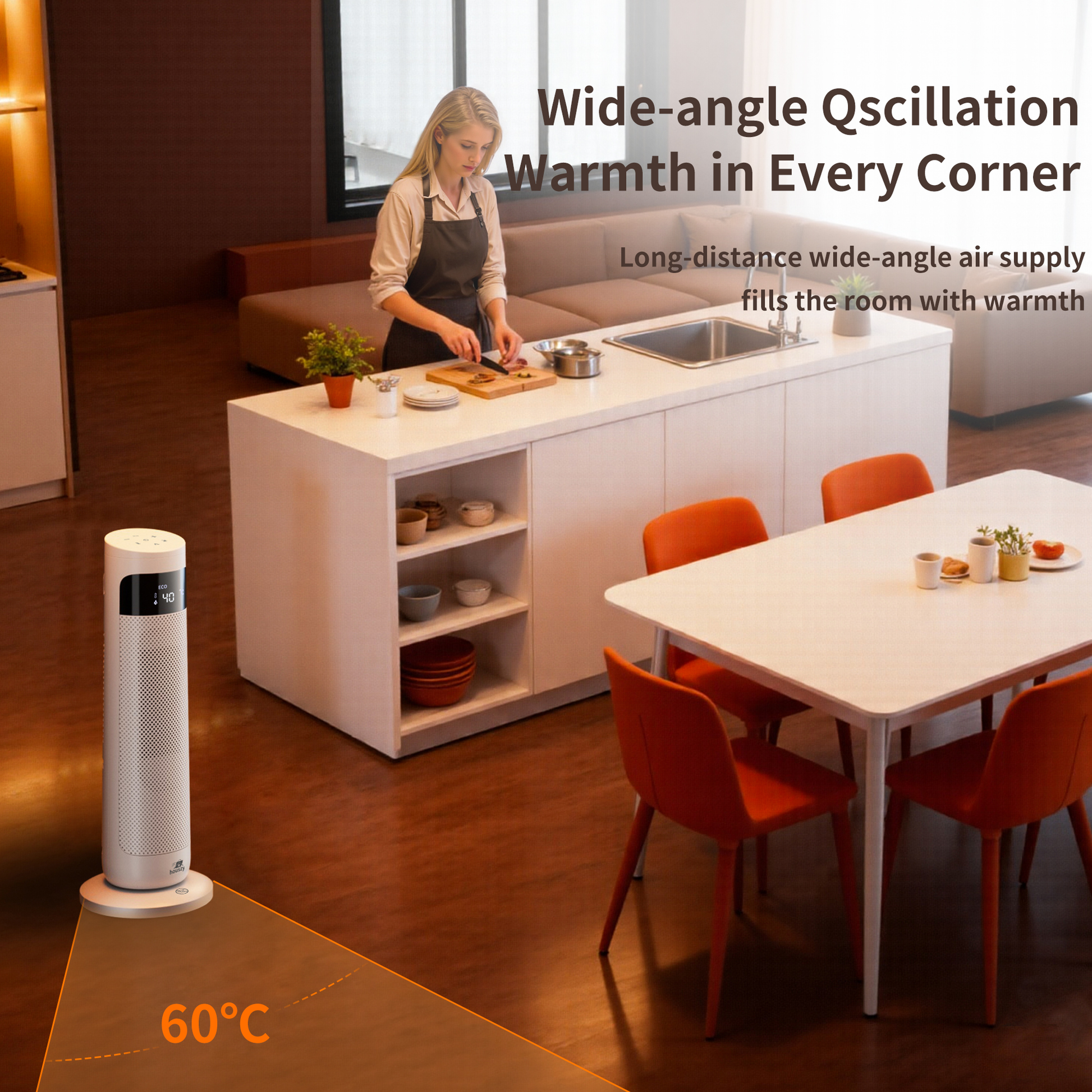 Houszy PTC Ceramic Tower Heater 2000W, Oscillating Electric Fan Heater with Thermostat 15–40°C, 24‑Hour Timer, Remote, Tip‑Over and Overheat Protection, Touch LED Display, UK BS Plug