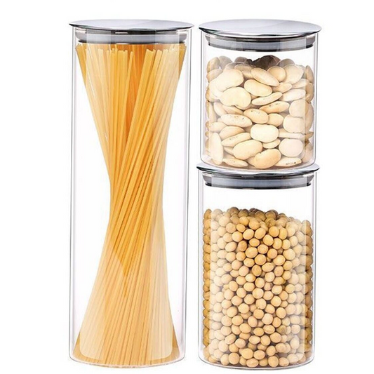 High Borosilicate Glass Sealed Storage Jar Set Of 3 With Stainless Steel