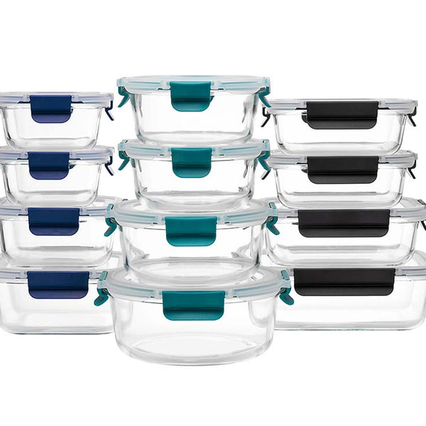 Glass Meal Prep Containers With Snap Lock Lids - 24pcs Set (Green-Blue-Black)