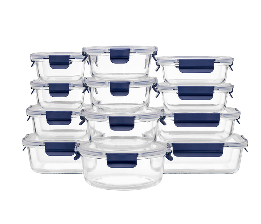 Glass Meal Prep Containers With Snap Lock Lids - 24pcs Set (Green-Blue-Black)