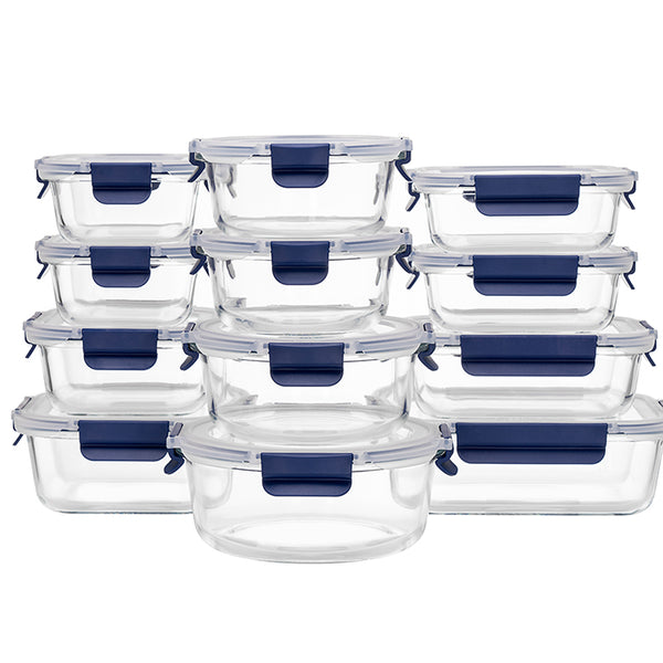 Glass Meal Prep Containers With Snap Lock Lids - 24pcs Set (Green-Blue-Black)