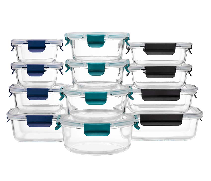 Glass Meal Prep Containers With Snap Lock Lids - 24pcs Set (Green-Blue-Black)