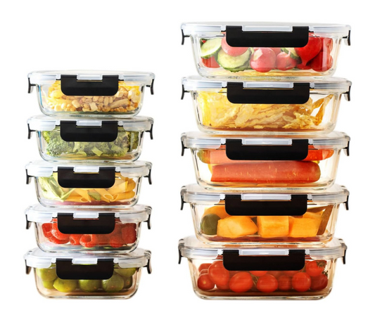 Rectangle Glass Meal Prep Containers With Snap Lock Lids - Set Of 10