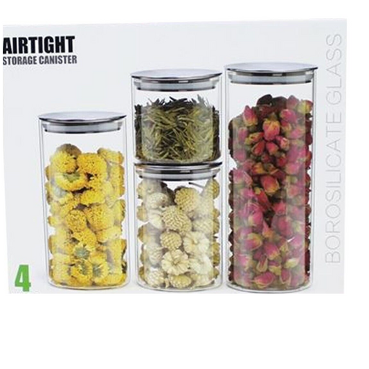 High Borosilicate Glass Sealed Storage Jar Set of 4 With Stainless Steel