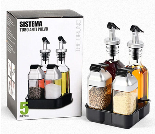 Glass Oil Dispenser Bottles & Condiment Shakers With Rotating Storage Rack-Set Of 5