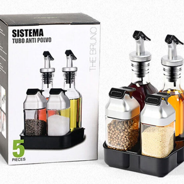 Glass Oil Dispenser Bottles & Condiment Shakers With Rotating Storage Rack-Set Of 5