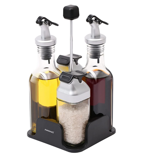 Glass Oil Dispenser Bottles & Condiment Spice Shakers Combo Set With Storage Base (2 x 175ml Oil Bottles & 2 x 90ml Spice Shakers)