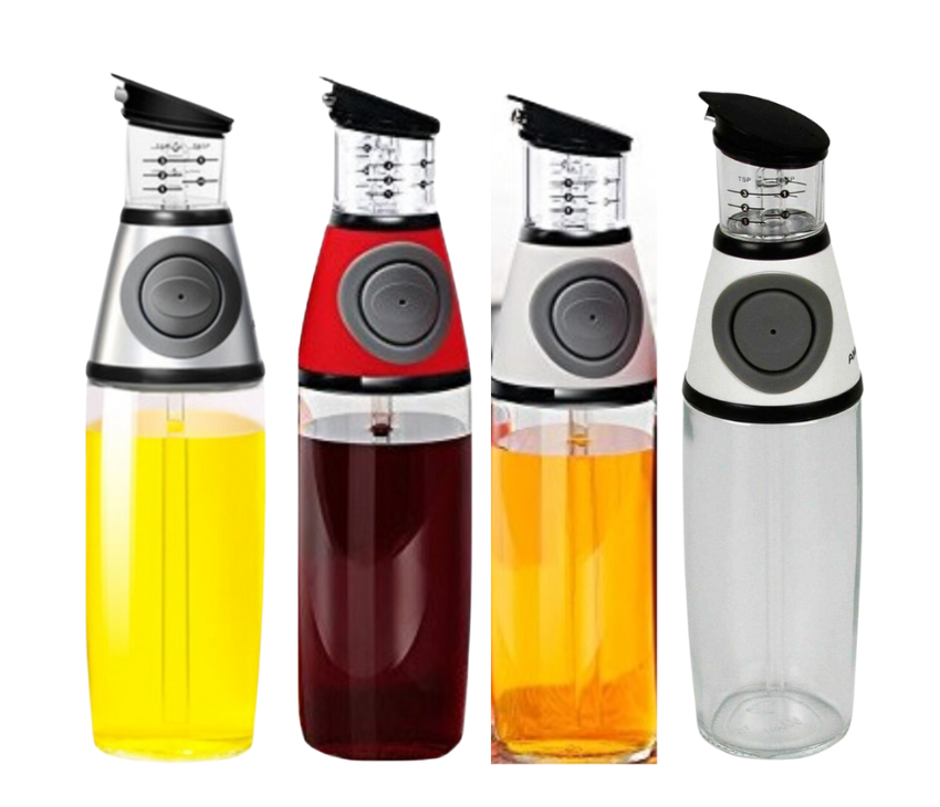 Glass Oil Dispenser Bottles with Dip-Free Spouts & Easy-Press Measuring Cap-(500ml)