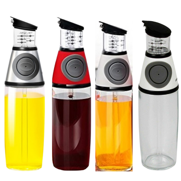 Glass Oil Dispenser Bottles with Dip-Free Spouts & Easy-Press Measuring Cap-(500ml)