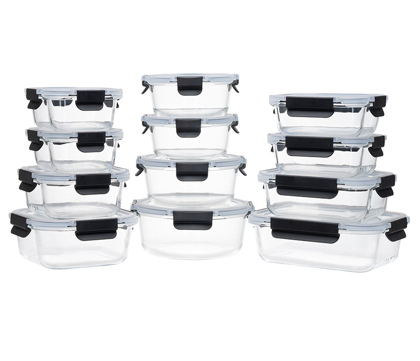 Glass Meal Prep Containers With Snap Lock Lids - 24pcs Set (Green-Blue-Black)