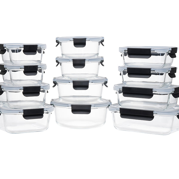 Glass Meal Prep Containers With Snap Lock Lids - 24pcs Set (Green-Blue-Black)