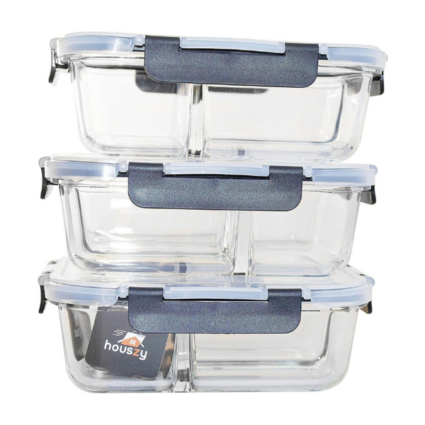 3-Compartment Glass Meal Prep Containers With Snap Lock Lids–Set Of 3