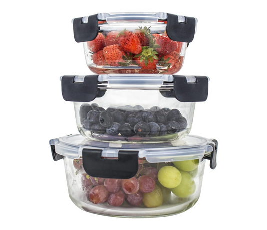 Round Glass Containers With Snap Lock Lids (Stackable) - Set Of 3