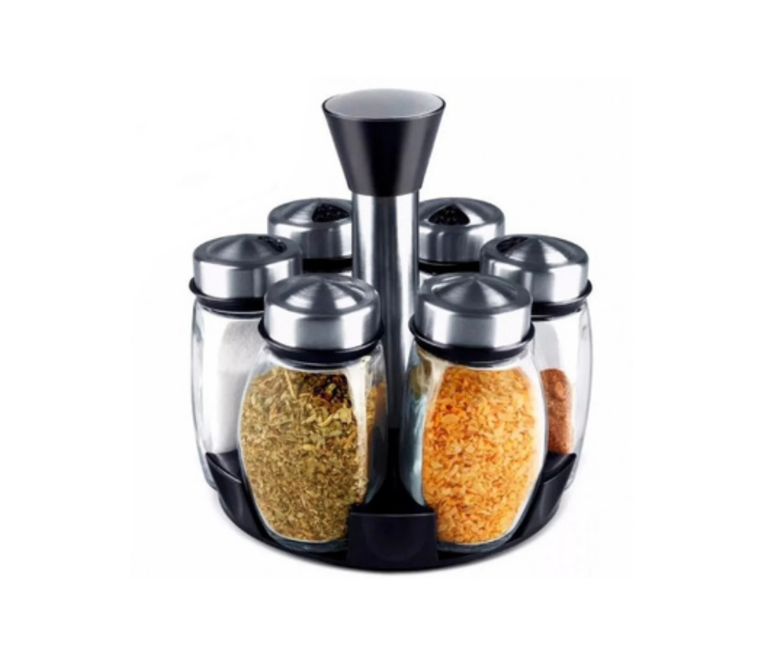 Glass Spice Shakers With Airtight Stainless Steel Lids & Rotating Spice Rack