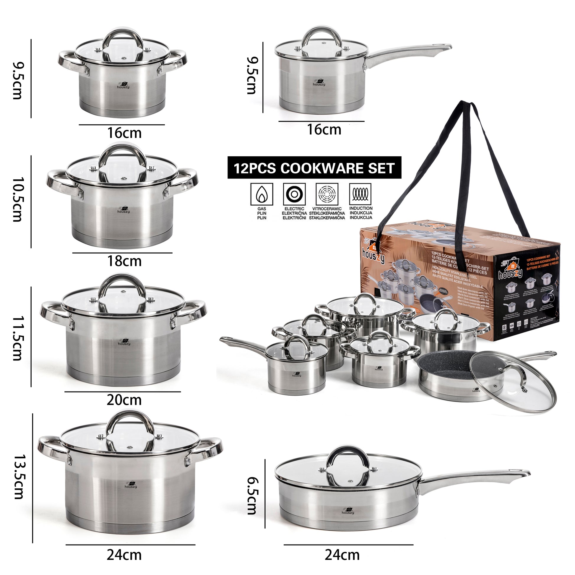 Stainless Steel Non-stick Cookware Set with Glass Lids - 12pcs