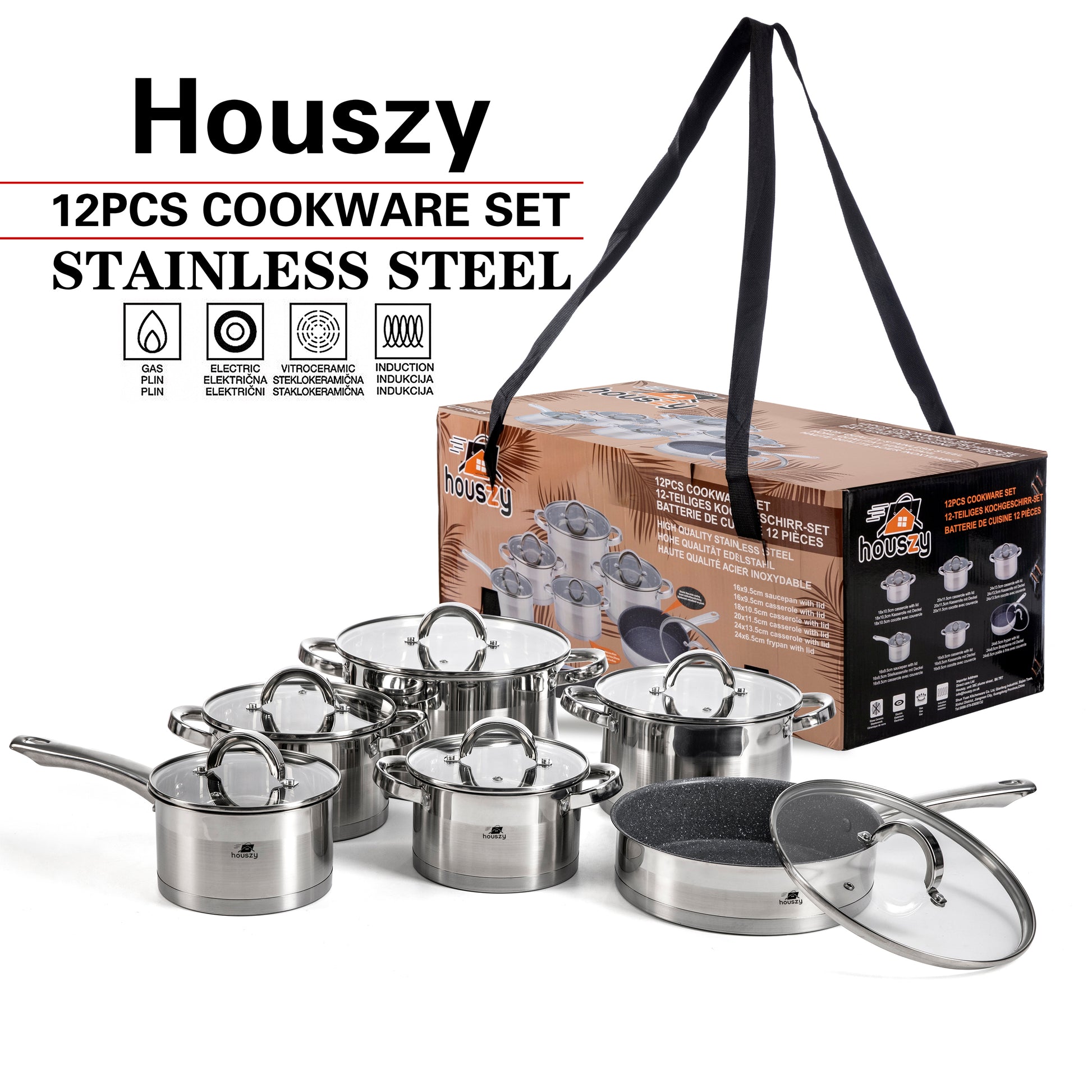 Stainless Steel Non-stick Cookware Set with Glass Lids - 12pcs