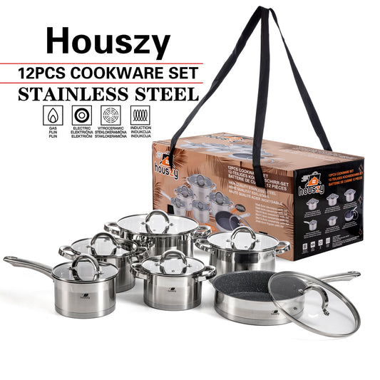 Stainless Steel Non-stick Cookware Set with Glass Lids - 12pcs