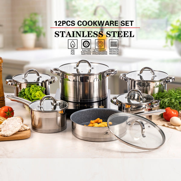 Stainless Steel Non-stick Cookware Set with Glass Lids - 12pcs