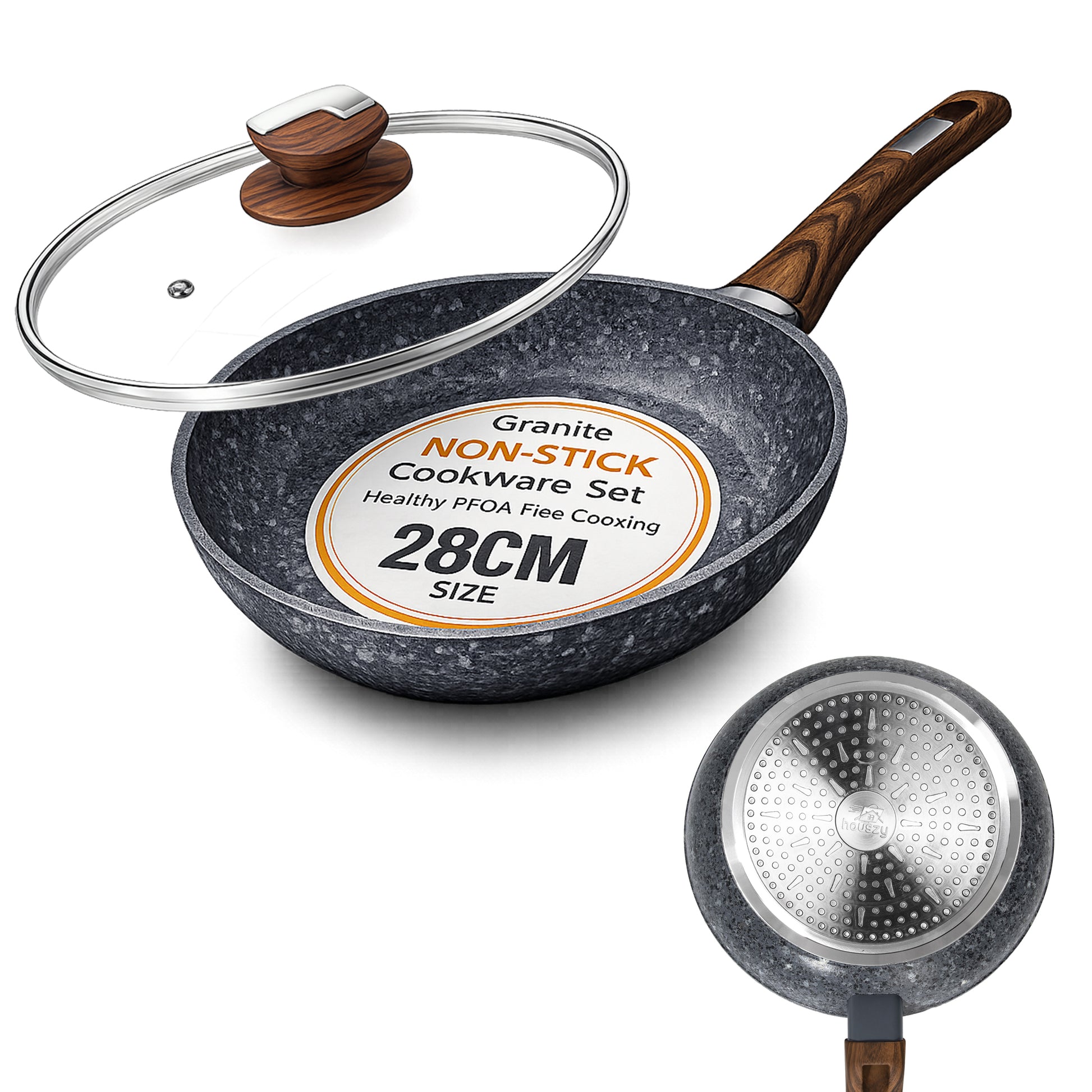 28cm Non-Stick Frying Pan with Lid | Granite Coated, Induction Compatible – Houszy